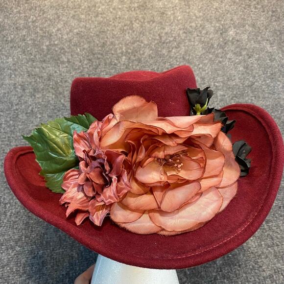 Sonni Bordeaux Lancaster Red Wool Wide Brim Bolero Hat Floral Leaf Accents Wire main image 4